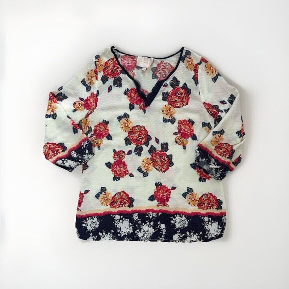 Skies Are Blue Blouse Women’s Small Boho 3/4 Sleeve Floral Print White Pink Blue - Picture 5 of 12